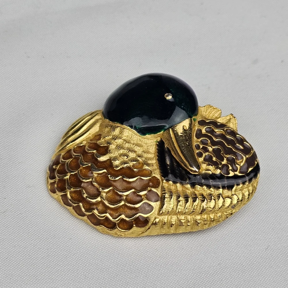 Paquette Gold Tone Textured Figural Enamel Mallard Duck Brooch - Picture 2 of 9
